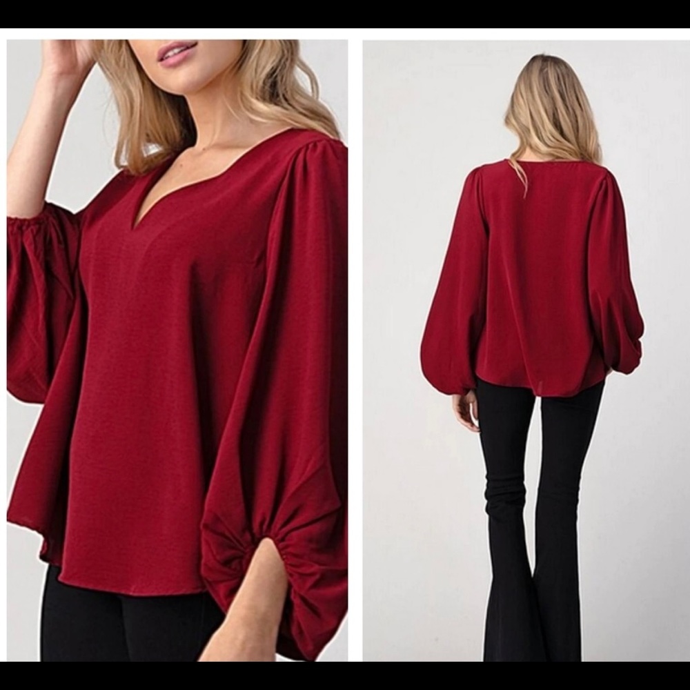 HOST PICK🟣dark red balloon sleeve v neck blouse